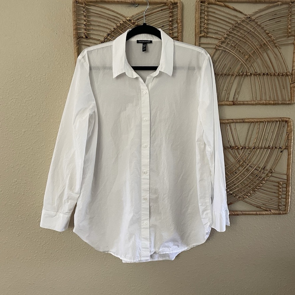 Eileen Fisher White 100% Organic Cotton Classic Button Up Shirt Top Sz M B8
